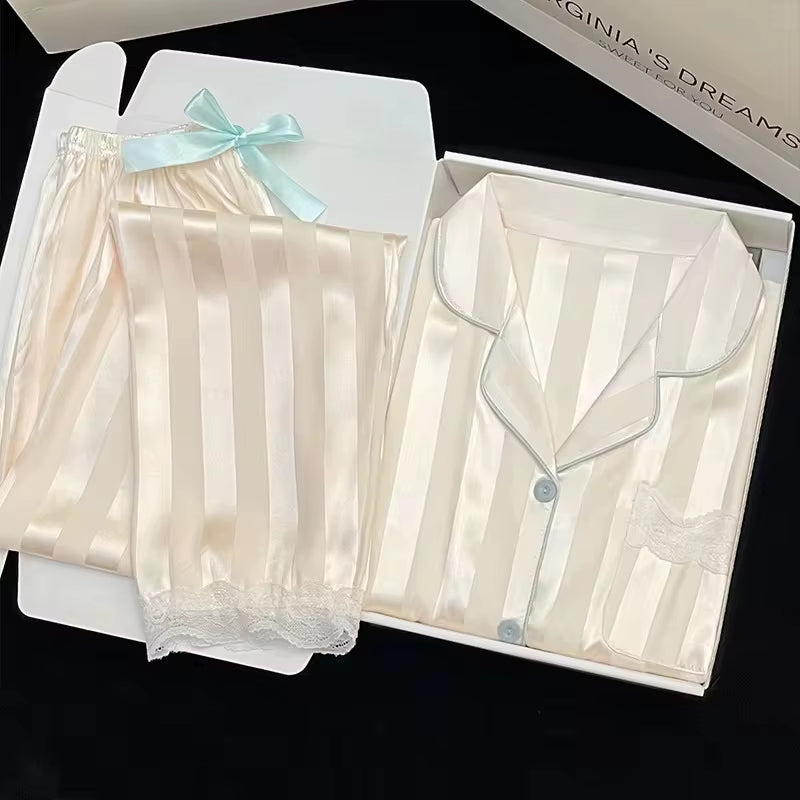 High Quality Ice Silk Light Luxury Pajamas Women'S Pajama Spring and Autumn Style Long Sleeve Home Set Satin Nightwear Sleepwear