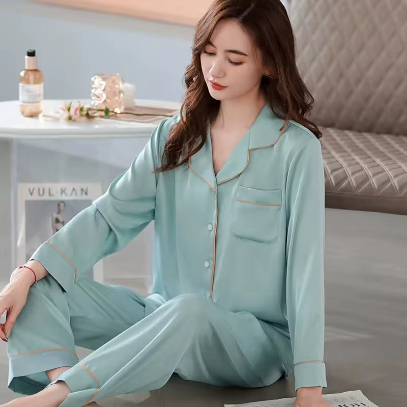High Quality Ice Silk Light Luxury Pajamas Women'S Pajama Spring and Autumn Style Long Sleeve Home Set Satin Nightwear Sleepwear