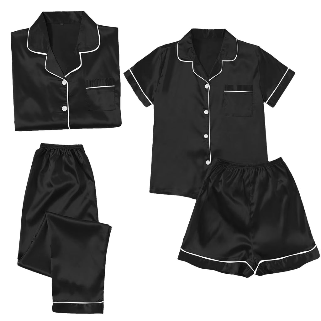 4 Piece Pajama Set for Women Satin Pajama Set for Women, Women'S Ice Silk Thin Imitation Silk Short Long Sleeve Home Clothes Four Piece, Cooling Pajamas Womens Pajama Shorts, Black,Xxl