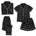 4 Piece Pajama Set for Women Satin Pajama Set for Women, Women'S Ice Silk Thin Imitation Silk Short Long Sleeve Home Clothes Four Piece, Cooling Pajamas Womens Pajama Shorts, Black,Xxl