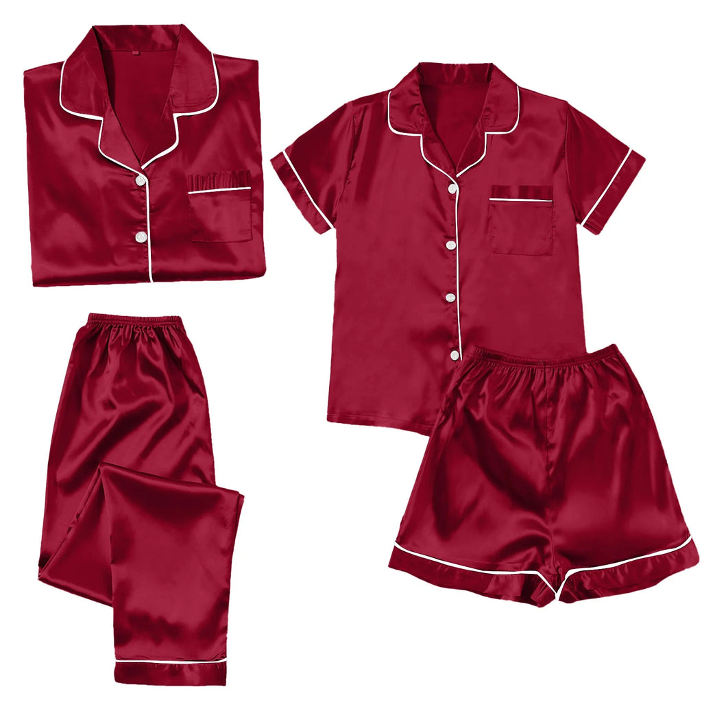 4 Piece Pajama Set for Women Satin Pajama Set for Women, Women'S Ice Silk Thin Imitation Silk Short Long Sleeve Home Clothes Four Piece, Cooling Pajamas Womens Pajama Shorts, Wine,3Xl