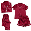 4 Piece Pajama Set for Women Satin Pajama Set for Women, Women'S Ice Silk Thin Imitation Silk Short Long Sleeve Home Clothes Four Piece, Cooling Pajamas Womens Pajama Shorts, Wine,3Xl