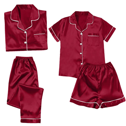 4 Piece Pajama Set for Women Satin Pajama Set for Women, Women'S Ice Silk Thin Imitation Silk Short Long Sleeve Home Clothes Four Piece, Cooling Pajamas Womens Pajama Shorts, Wine,3Xl