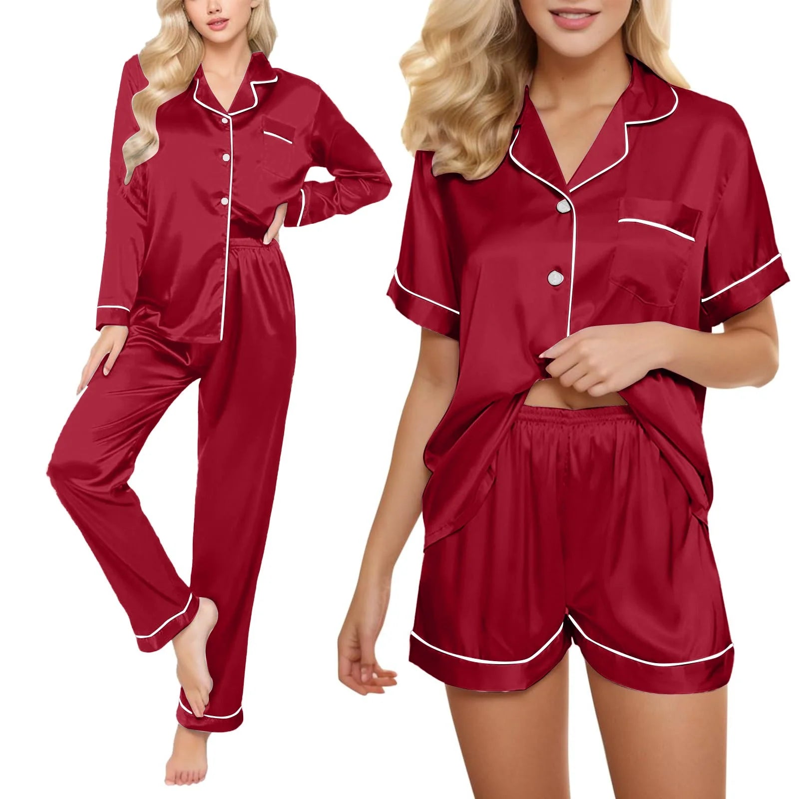 4 Piece Pajama Set for Women Satin Pajama Set for Women, Women'S Ice Silk Thin Imitation Silk Short Long Sleeve Home Clothes Four Piece, Cooling Pajamas Womens Pajama Shorts, Wine,3Xl