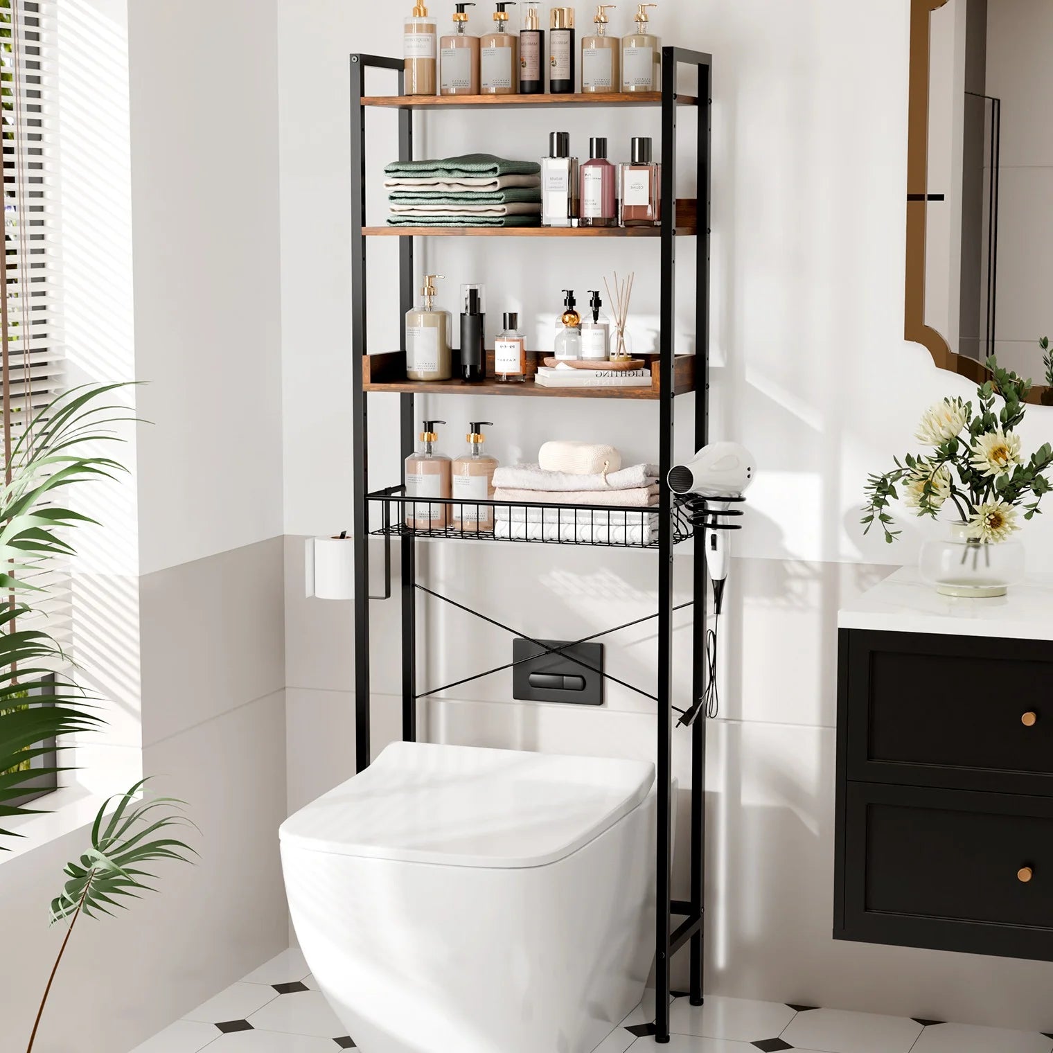 3-Shelf over the Toilet Bathroom Storage Rack and Shelf with with Wire Baskets, Tissue Hook and Hairdryer Holder, Rotten - Wood