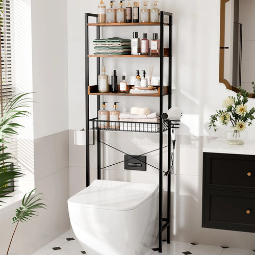 3-Shelf over the Toilet Bathroom Storage Rack and Shelf with with Wire Baskets, Tissue Hook and Hairdryer Holder, Rotten - Wood