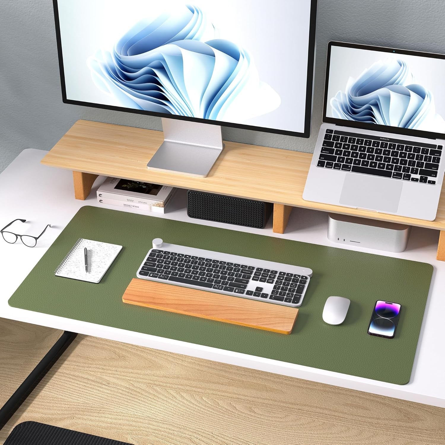 Leather Desk Pad Protector, Mouse Pad, Office Desk Mat, Non-Slip PU Leather Desk Blotter, Laptop Desk Pad, Waterproof Desk Writing Pad for Office and Home (31.5" X 15.7",Olive Green)