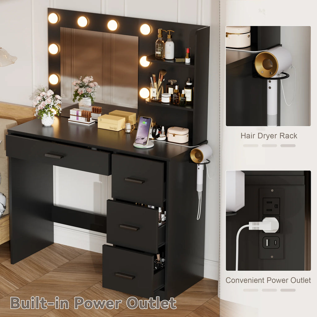Makeup Vanity Desk with LED Lighted Mirror and Power Outlet, Stylish Functional Vanity Table for with 4 Drawers and 3 Shelves for Bedroom, Black