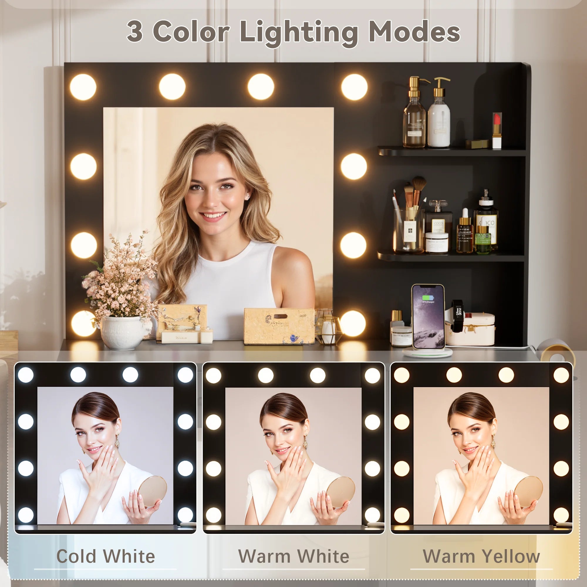 Makeup Vanity Desk with LED Lighted Mirror and Power Outlet, Stylish Functional Vanity Table for with 4 Drawers and 3 Shelves for Bedroom, Black