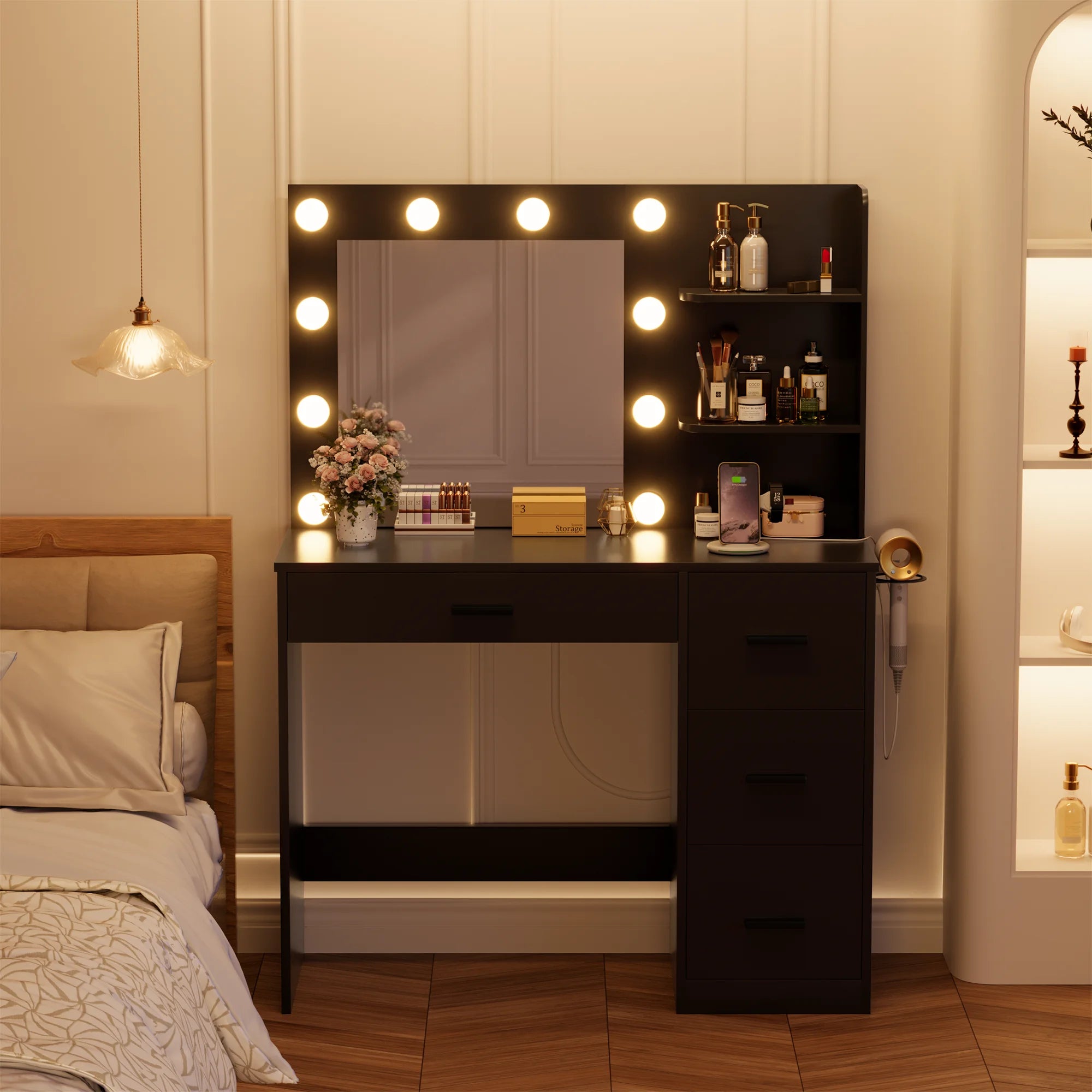 Makeup Vanity Desk with LED Lighted Mirror and Power Outlet, Stylish Functional Vanity Table for with 4 Drawers and 3 Shelves for Bedroom, Black