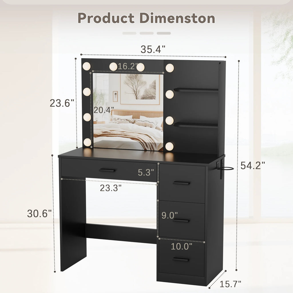 Makeup Vanity Desk with LED Lighted Mirror and Power Outlet, Stylish Functional Vanity Table for with 4 Drawers and 3 Shelves for Bedroom, Black