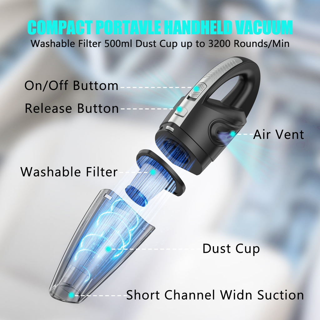 Cordless Handheld Vacuum with 10000PA Powerful Suction, Portable Rechargeable Car Vacuum Cleaner for Car,Home