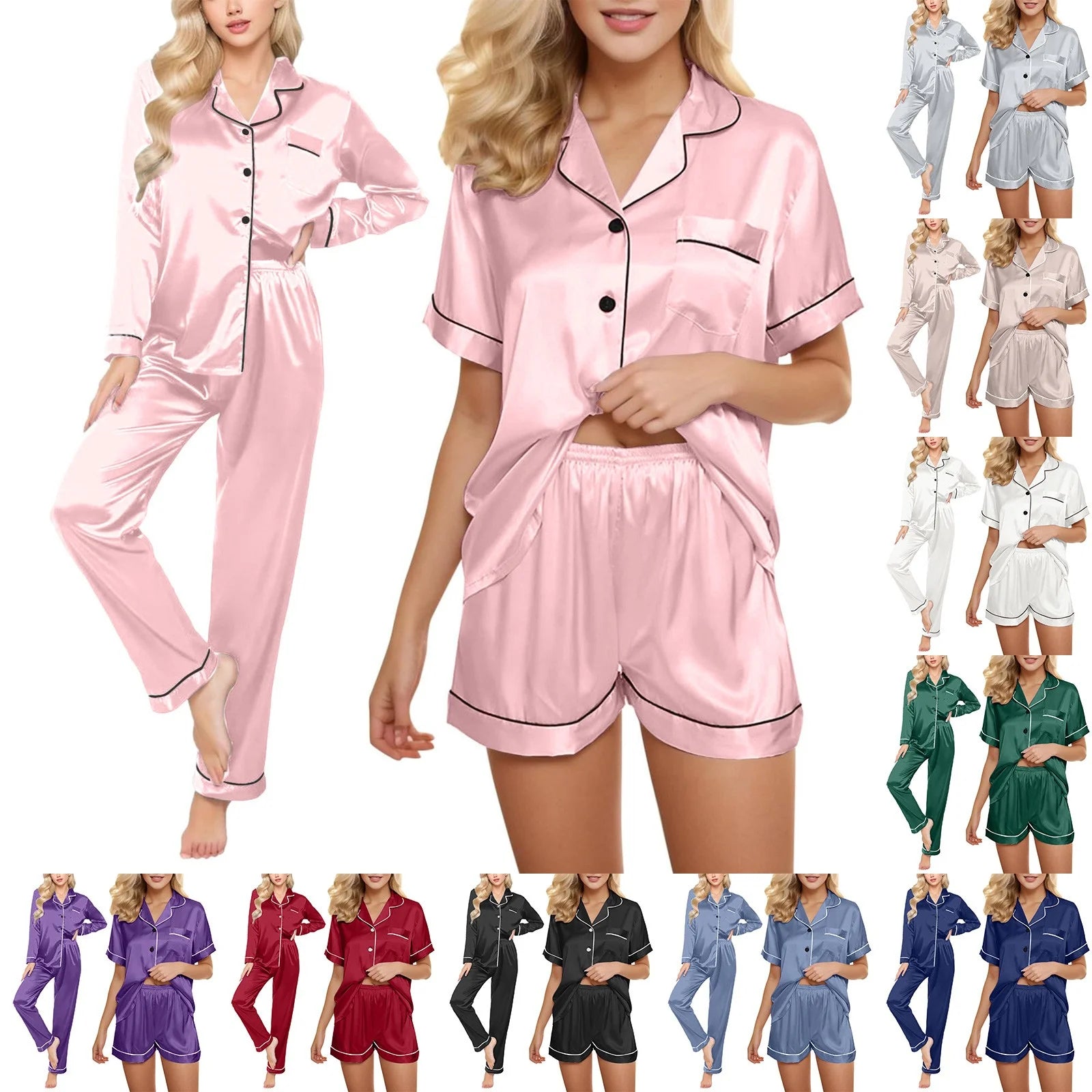 4 Piece Pajama Set for Women Satin Pajama Set for Women, Women'S Ice Silk Thin Imitation Silk Short Long Sleeve Home Clothes Four Piece, Cooling Pajamas Womens Pajama Shorts, Black,Xxl