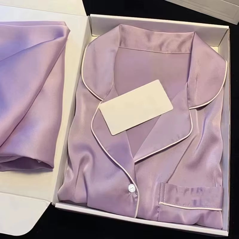 High Quality Ice Silk Light Luxury Pajamas Women'S Pajama Spring and Autumn Style Long Sleeve Home Set Satin Nightwear Sleepwear