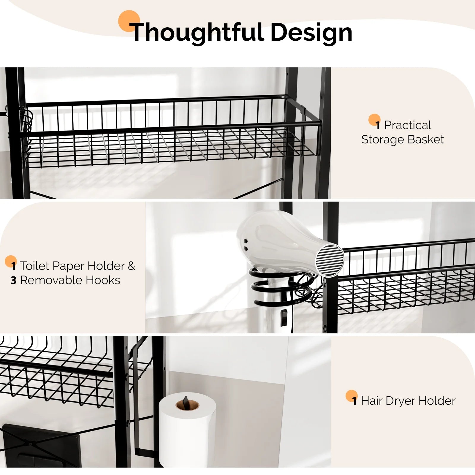 3-Shelf over the Toilet Bathroom Storage Rack and Shelf with with Wire Baskets, Tissue Hook and Hairdryer Holder, Rotten - Wood