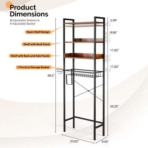 3-Shelf over the Toilet Bathroom Storage Rack and Shelf with with Wire Baskets, Tissue Hook and Hairdryer Holder, Rotten - Wood