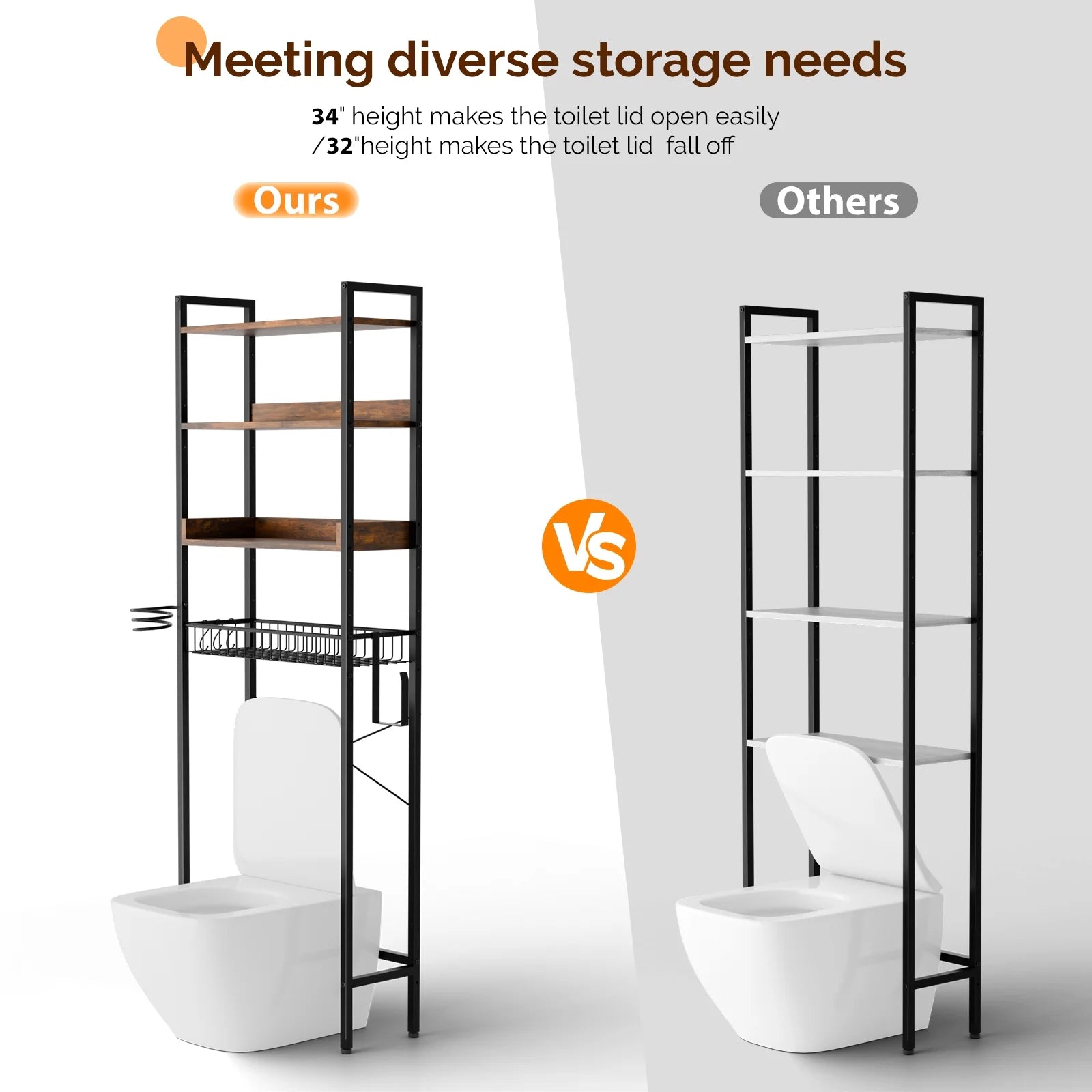 3-Shelf over the Toilet Bathroom Storage Rack and Shelf with with Wire Baskets, Tissue Hook and Hairdryer Holder, Rotten - Wood