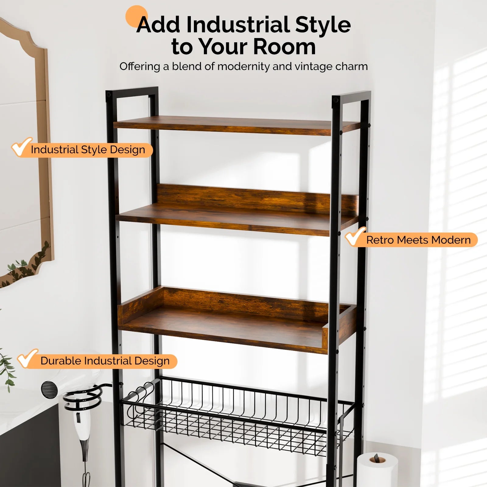 3-Shelf over the Toilet Bathroom Storage Rack and Shelf with with Wire Baskets, Tissue Hook and Hairdryer Holder, Rotten - Wood