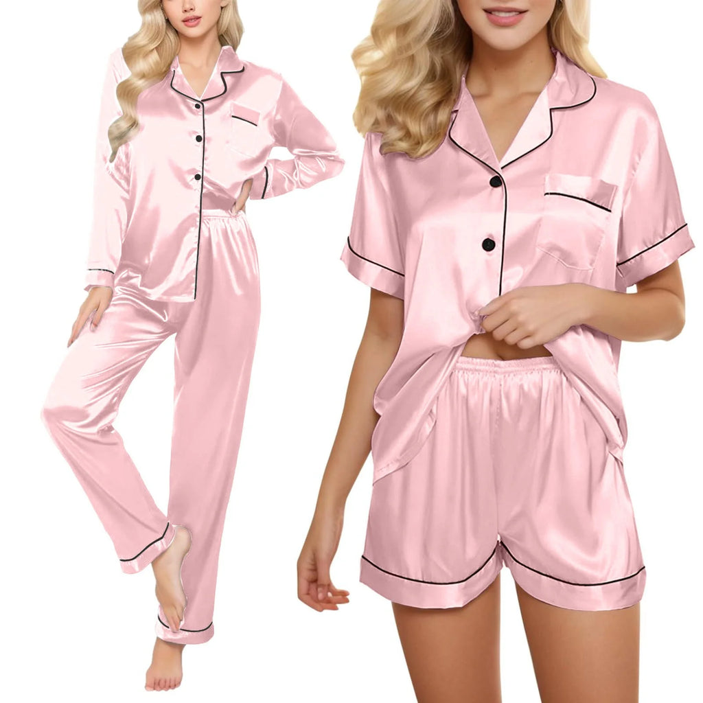 4 Piece Pajama Set for Women Satin Pajama Set for Women, Women'S Ice Silk Thin Imitation Silk Short Long Sleeve Home Clothes Four Piece, Cooling Pajamas Womens Pajama Shorts, Pink,Xl