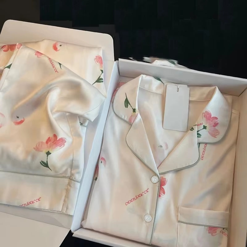 High Quality Ice Silk Light Luxury Pajamas Women'S Pajama Spring and Autumn Style Long Sleeve Home Set Satin Nightwear Sleepwear