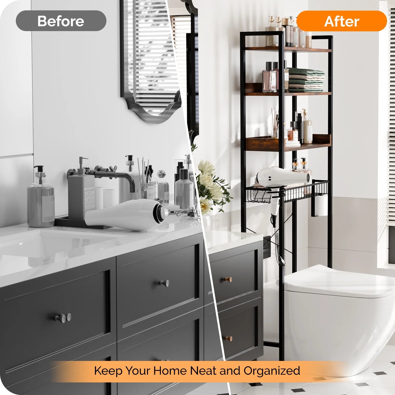 3-Shelf over the Toilet Bathroom Storage Rack and Shelf with with Wire Baskets, Tissue Hook and Hairdryer Holder, Rotten - Wood