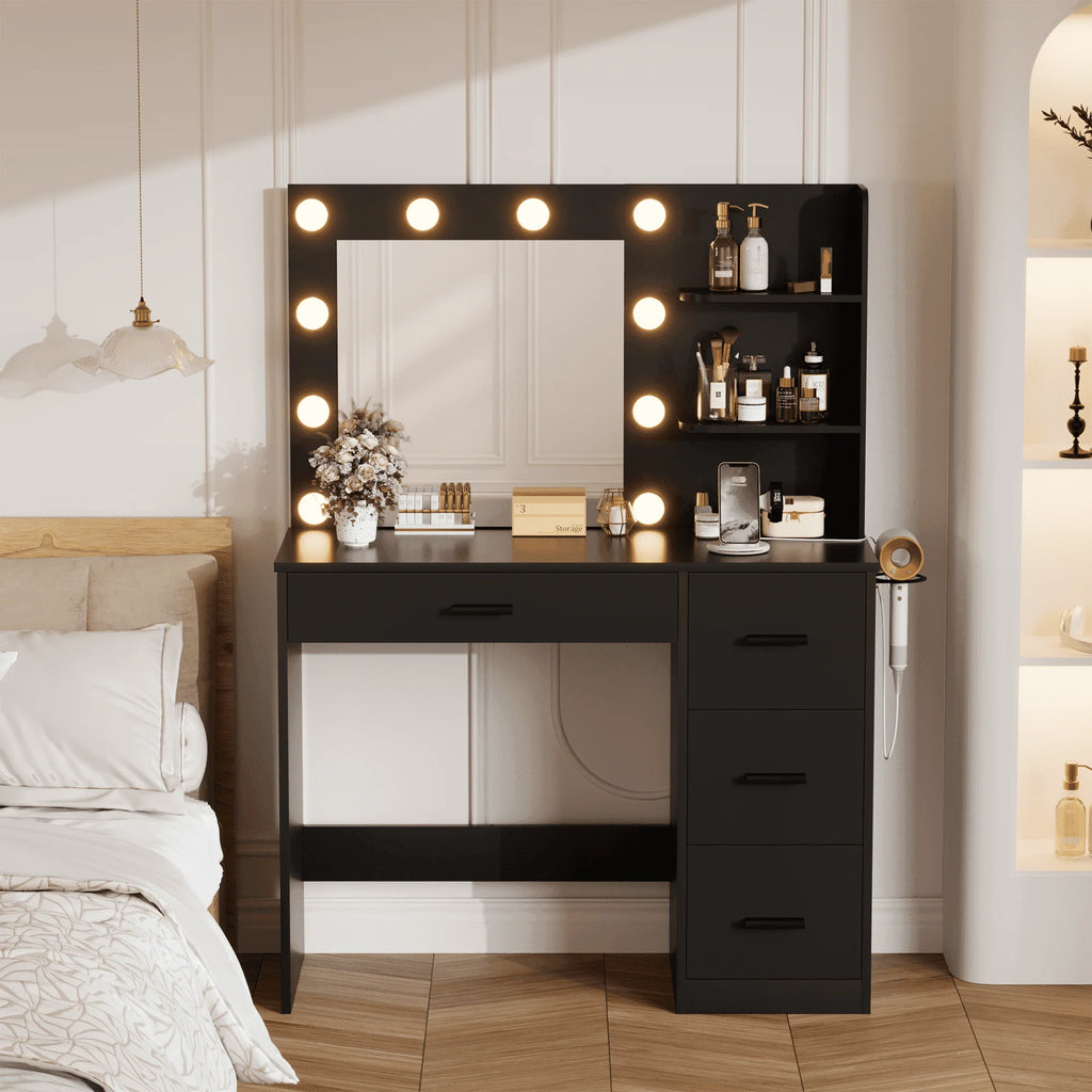 Makeup Vanity Desk with LED Lighted Mirror and Power Outlet, Stylish Functional Vanity Table for with 4 Drawers and 3 Shelves for Bedroom, Black