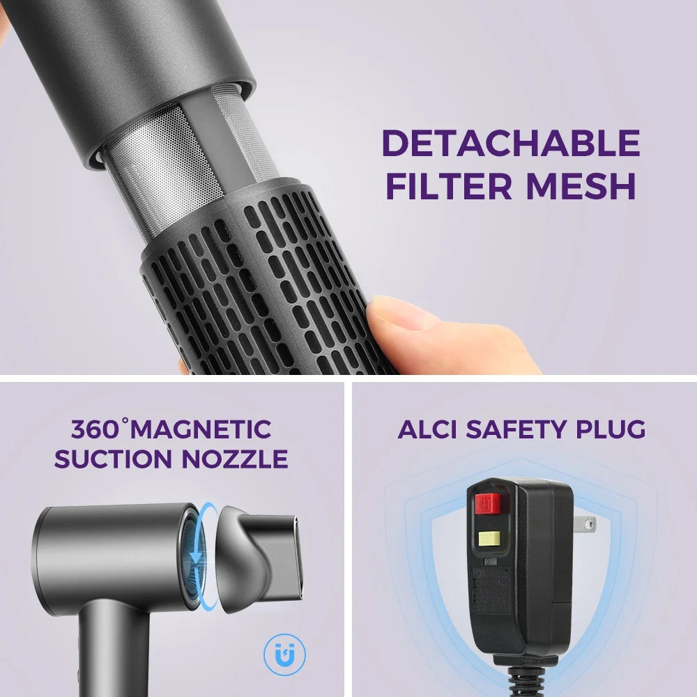 Hair Dryer , High Speed Professional Ionic Blow Dryer with Magnetic Nozzle, Gray