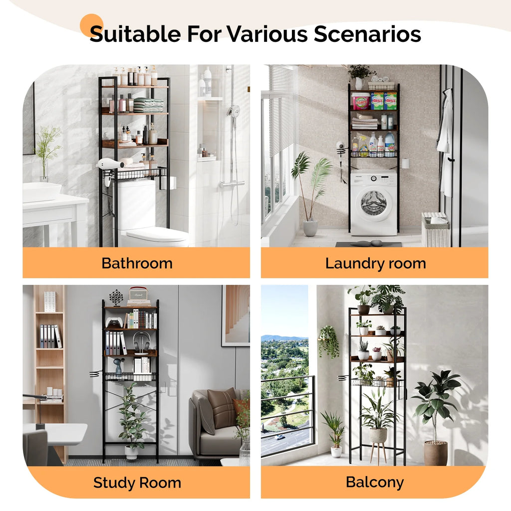 3-Shelf over the Toilet Bathroom Storage Rack and Shelf with with Wire Baskets, Tissue Hook and Hairdryer Holder, Rotten - Wood