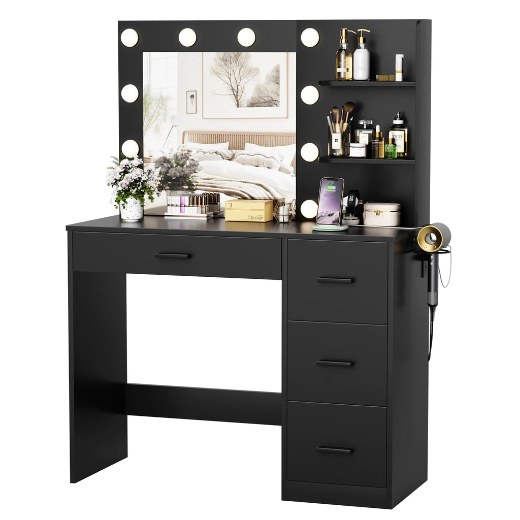 Makeup Vanity Desk with LED Lighted Mirror and Power Outlet, Stylish Functional Vanity Table for with 4 Drawers and 3 Shelves for Bedroom, Black